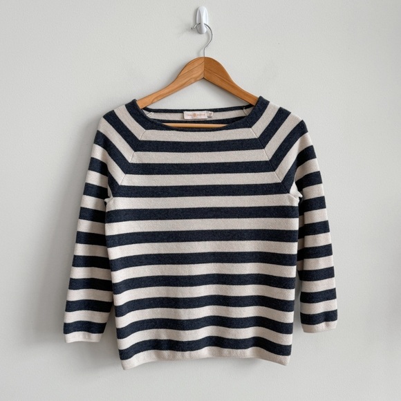 🏷️ SOLD • TORY BURCH • Kim Merino Wool Striped Sweater in Birch/Charcoal • Small - Picture 3 of 12